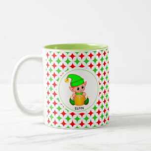 Tasse 2 Couleurs Lutin de Noël sur motif étoile diamant verte et ro