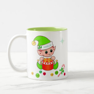 Tasse 2 Couleurs Lutin de Noël vert, canne à sucre et boules de Noë