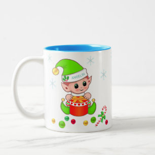 Tasse 2 Couleurs Lutin de Noël vert, flocons de neige et boules de 