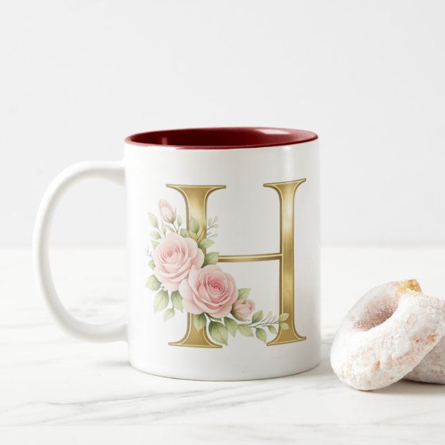 Tasse 2 Couleurs Luxury Floral Monogram Letter H – Elegant Gold Ini (Avec donut)