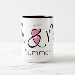 Tasse 2 Couleurs M. et Mme Mariage Nom personnalisé Simple rose Bla