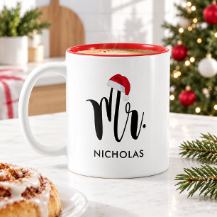 Tasse 2 Couleurs M. Red Santa Hat sur mesure Monogramme de vacances