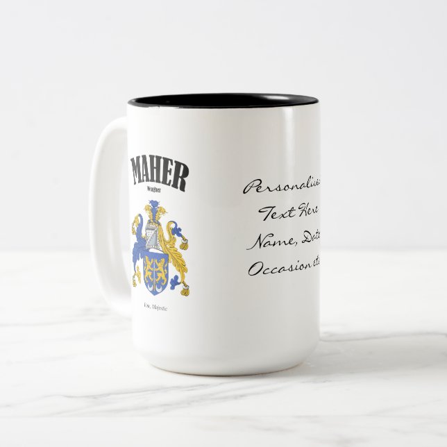 Tasse 2 Couleurs Maher Family Crest, Traduction & Signification (Devant gauche)