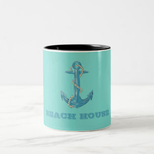 Tasse 2 Couleurs Maison de plage nautique, Ancre, Corde, Vert Menth