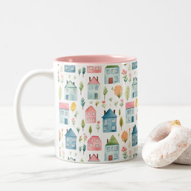 Tasse 2 Couleurs Maisons en Aquarelle Cute Pastel (Avec donut)