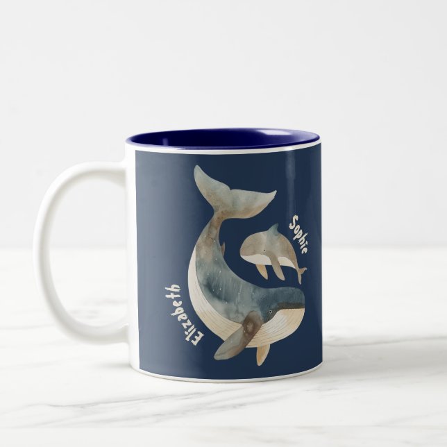 Tasse 2 Couleurs Mama Whale & Calf avec nom Marine Blue Mother's Da (Gauche)