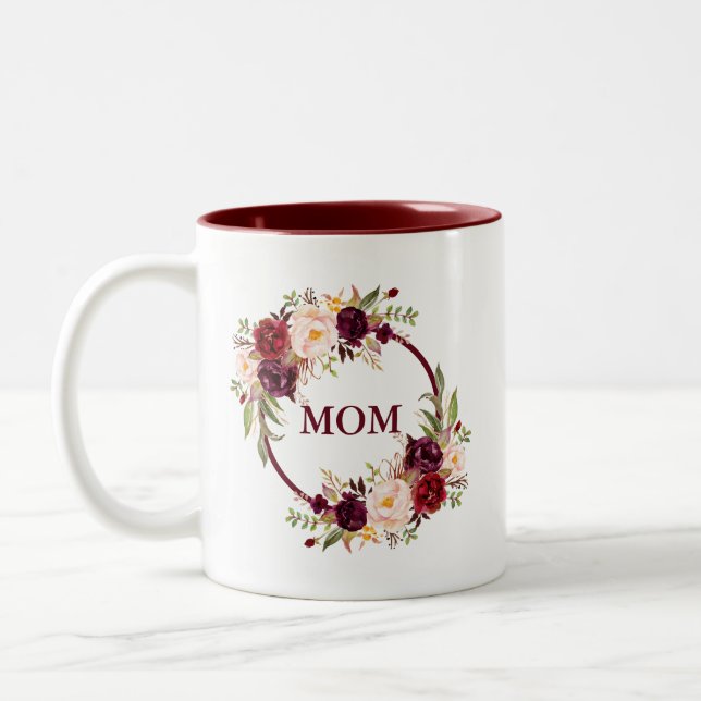 Tasse 2 Couleurs Maman Aquarelle Bourgogne Floral (Gauche)