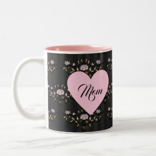 Tasse 2 Couleurs Maman Mères Jour Coeur sur Vintage Floral noir