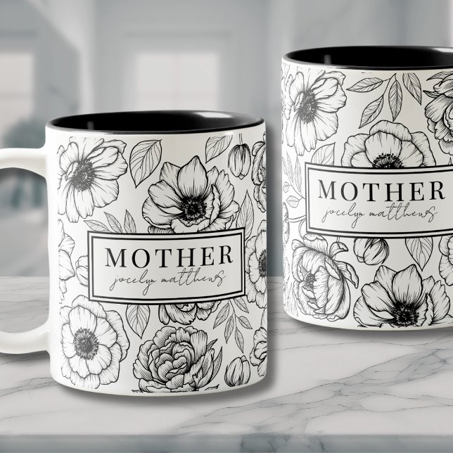 Tasse 2 Couleurs Maman Noir Blanc Floral Mère (Modern Black White Floral Two-Tone Coffee Mug)
