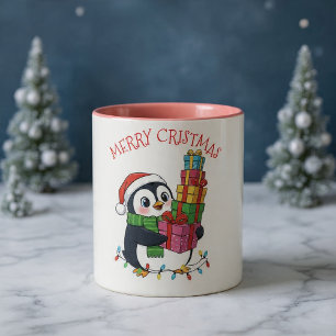 Tasse 2 Couleurs Manchot mignon de Noël portant des cadeaux