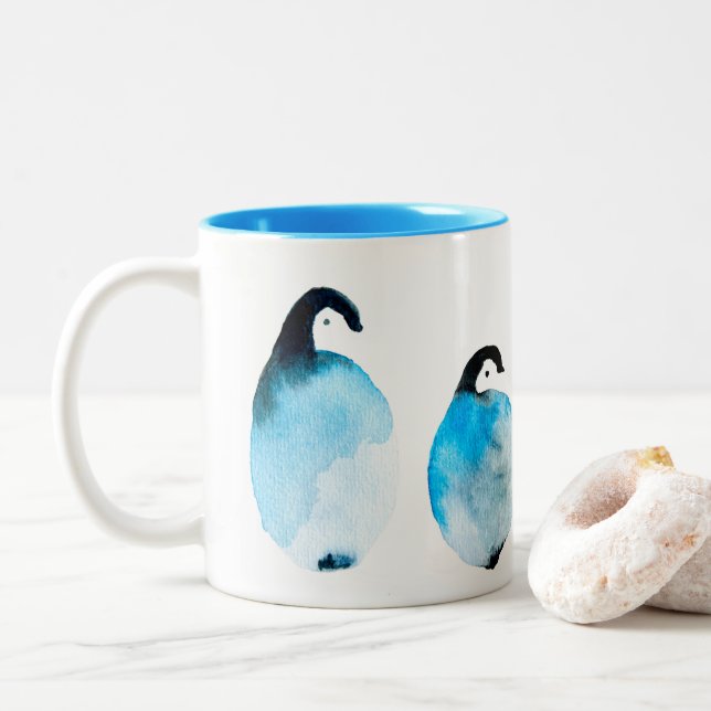 Tasse 2 Couleurs Manchots mignons aquarelle (Avec donut)