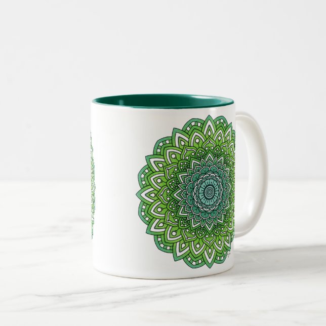 Tasse 2 Couleurs Mandala à fleurs vertes (Devant droit)