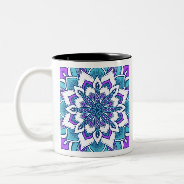 Tasse 2 Couleurs Mandala aux fleurs violettes turquoise (Gauche)