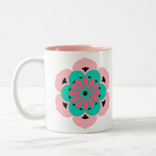 Tasse 2 Couleurs Mandala Fleur de Lotus, Rose Corail et Turquoise