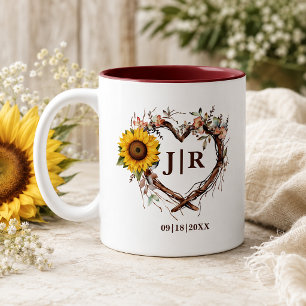 Tasse 2 Couleurs Mariage Monogramme Coeur Tournesol Rustique