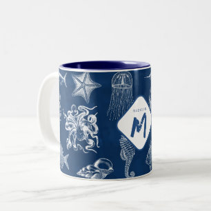 Tasse 2 Couleurs Marine Océan bleu Animaux marins Monogramme