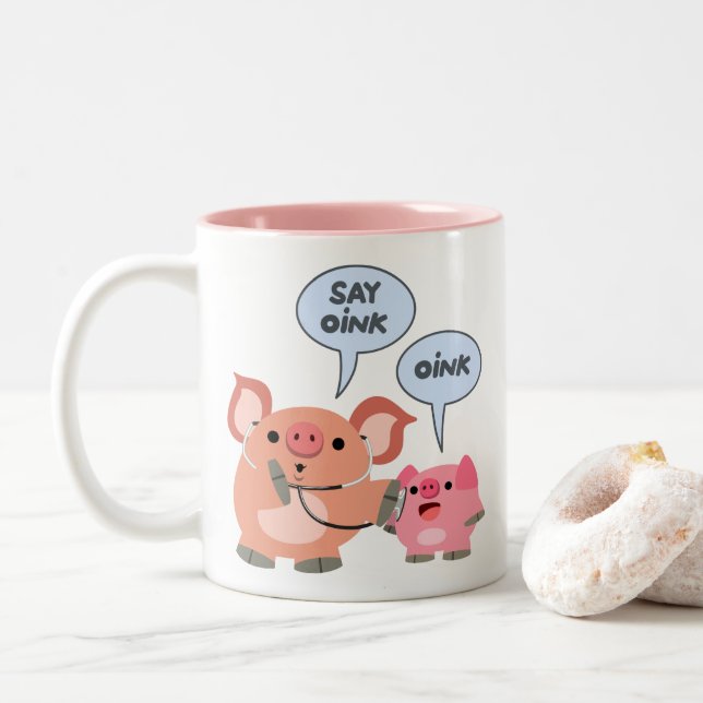 Tasse 2 Couleurs Médecin et patient du cochon de dessin mignon (Avec donut)