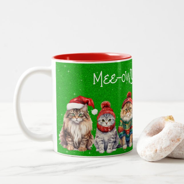 Tasse 2 Couleurs Mee-owy Noël Festive Chats sur la Parties scintill (Avec donut)