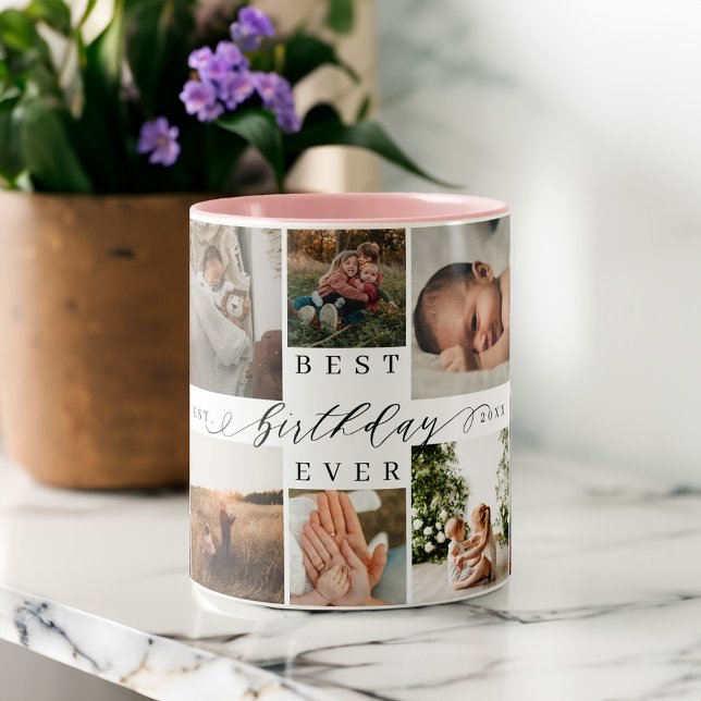 Tasse 2 Couleurs Meilleur Anniversaire Jamais Élégant Script 8 Phot (Best Birthday Ever Elegant Script 8 Photo Collage Two-Tone Coffee Mug)