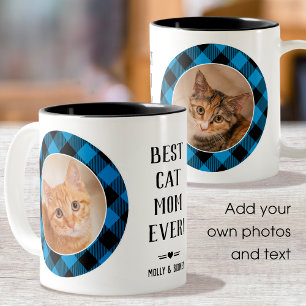 Tasse 2 Couleurs Meilleur Chat Maman Jamais Buffalo Plaid Blue Phot