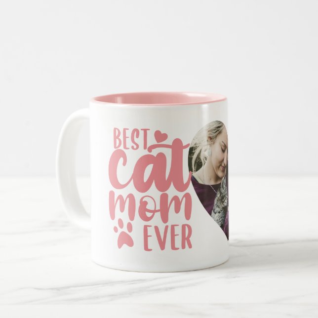 Tasse 2 Couleurs Meilleur Chat Maman Jamais mignonne Nom Photo Rose (Devant gauche)