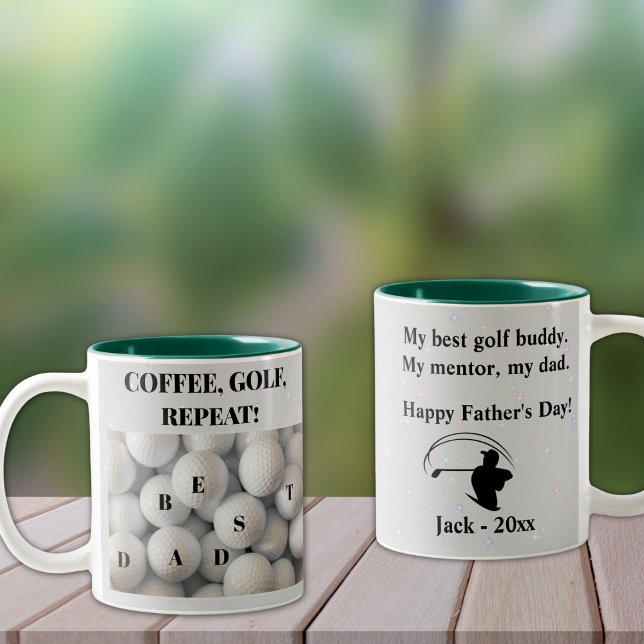 Tasse 2 Couleurs Meilleur papa. Café, Golf, Répéter. (Personalize to add your names/dates.  Customize to change text, color or style.)