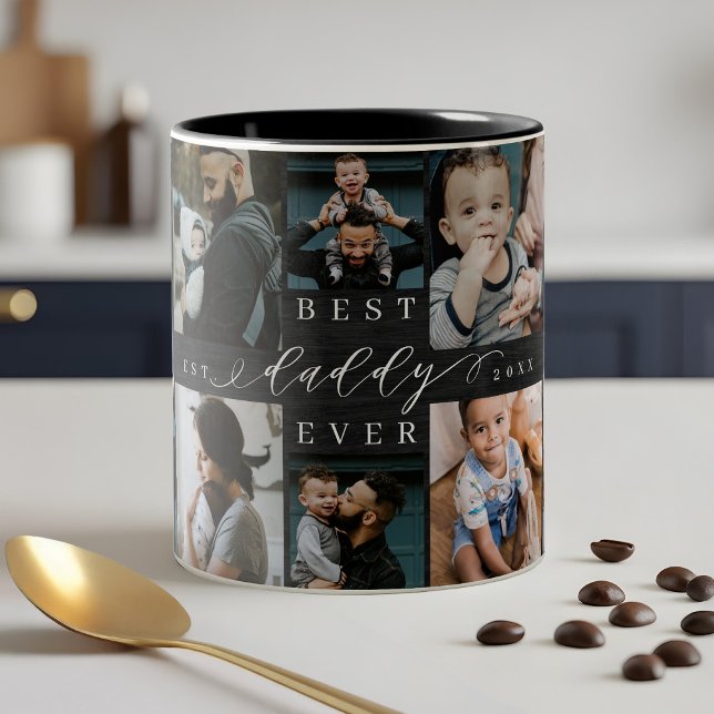 Tasse 2 Couleurs Meilleur papa Jamais Black Woodgrain Photo Collage (Best Daddy Ever Black Woodgrain Photo Collage Two-Tone Coffee Mug)