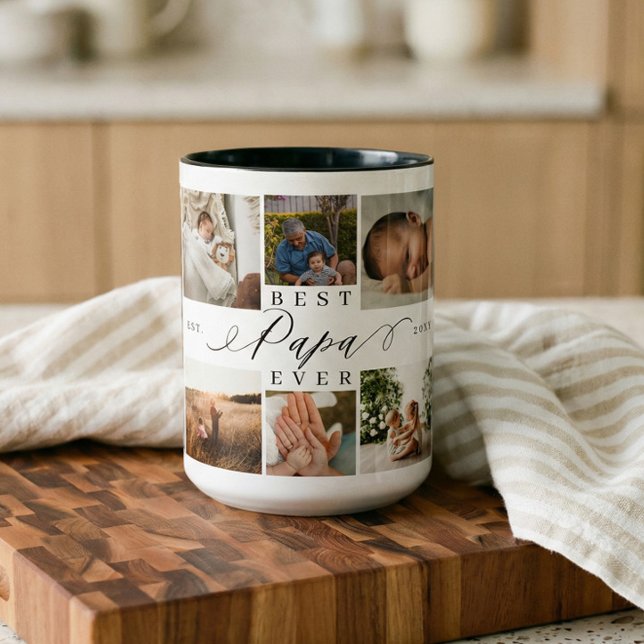 Tasse 2 Couleurs Meilleur Papa Jamais Élégant Script 8 Photo Collag (Father’s Day Gift Best Papa Ever Photo Collage Two-Tone Coffee Mug)
