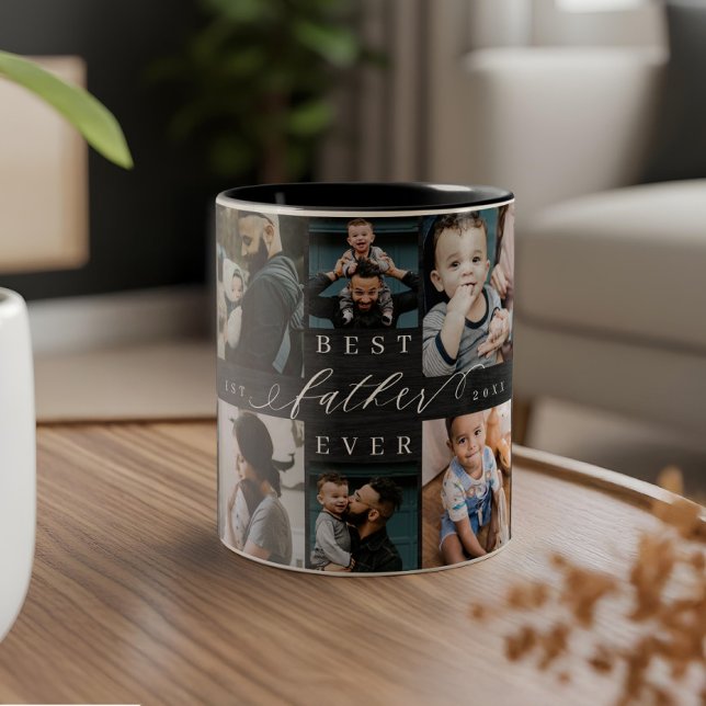 Tasse 2 Couleurs Meilleur Père Jamais Black Woodgrain Photo Collage (Best Father Ever Black Woodgrain Photo Collage Two-Tone Coffee Mug)