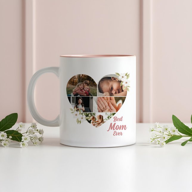 Tasse 2 Couleurs Meilleure Maman Jamais Élégant Floral Heart Photo  (Best Mom Ever Elegant Floral Heart Photo Collage Two-Tone Coffee Mug (Front))