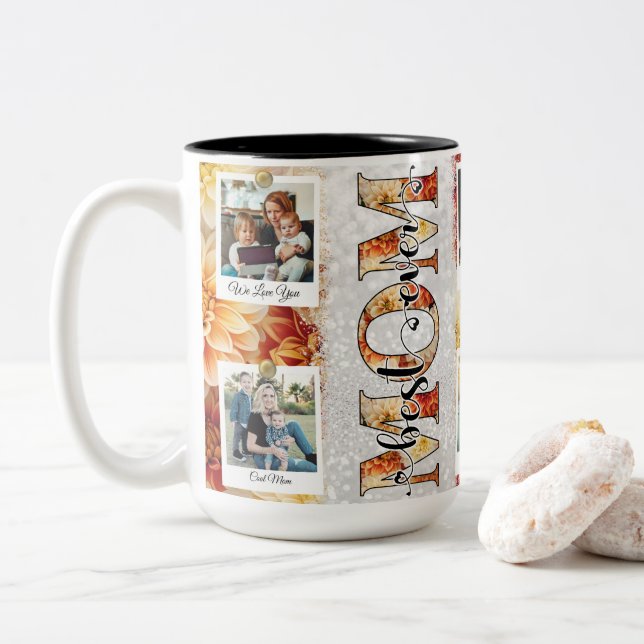 Tasse 2 Couleurs Meilleure maman Jamais Florale Photo personnalisée (Avec donut)