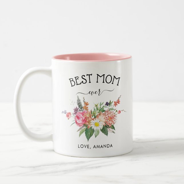 Tasse 2 Couleurs Meilleure mère sur mesure jamais | Jolies fleurs r (Gauche)