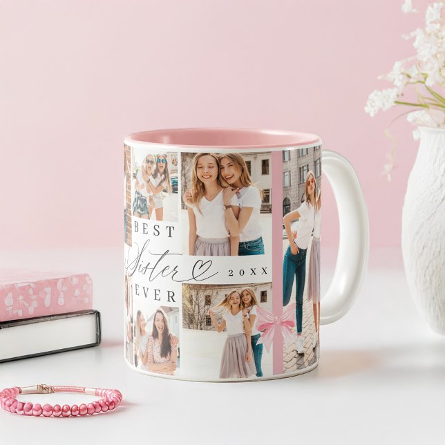 Tasse 2 Couleurs Meilleure Soeur Soeur Soeur Script Bow Photo Colla (Best Sister Ever Sister Script Bow Photo Collage Two-Tone Coffee Mug)