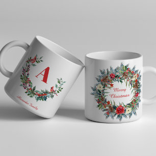 Tasse 2 Couleurs Mention de Noël famille unique monogramme rouge