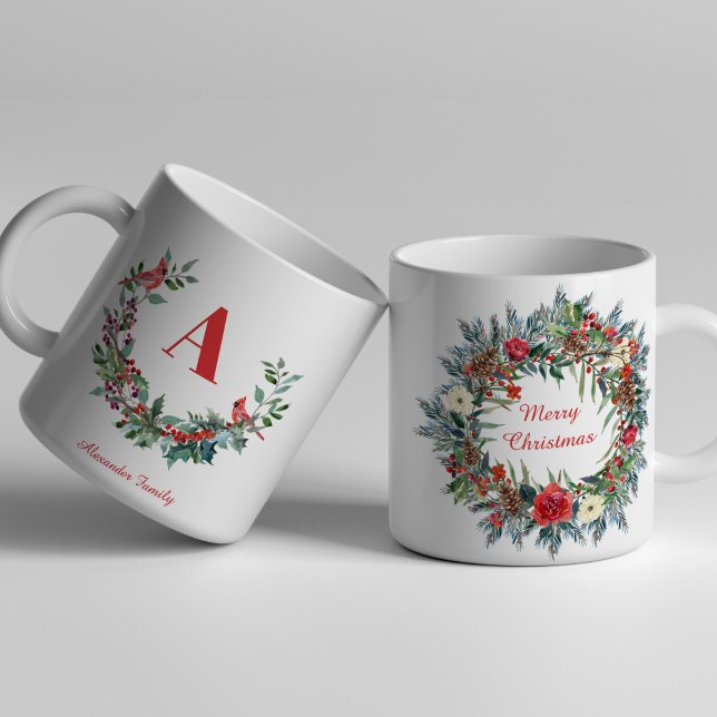 Tasse 2 Couleurs Mention de Noël famille unique monogramme rouge (Créateur téléchargé)