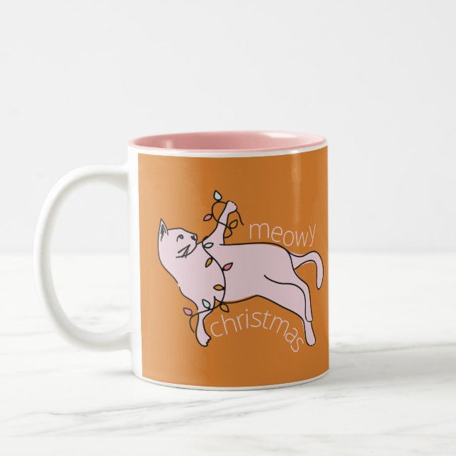 Tasse 2 Couleurs Meowy Joyeux Noël Rose Chat Lumières (Gauche)
