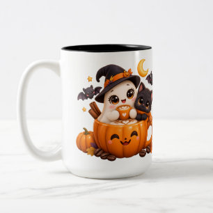 Tasse 2 Couleurs Mignon Chat Halloween Fantôme Citrouille Spooky Ka