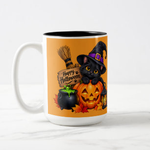 Tasse 2 Couleurs Mignon Chat Noir & Citrouille Design Halloween