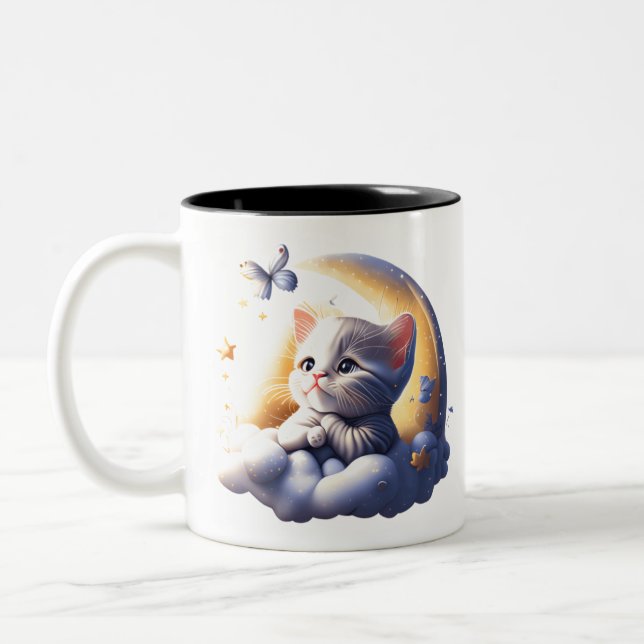 Tasse 2 Couleurs mignon chaton rêveur (Gauche)
