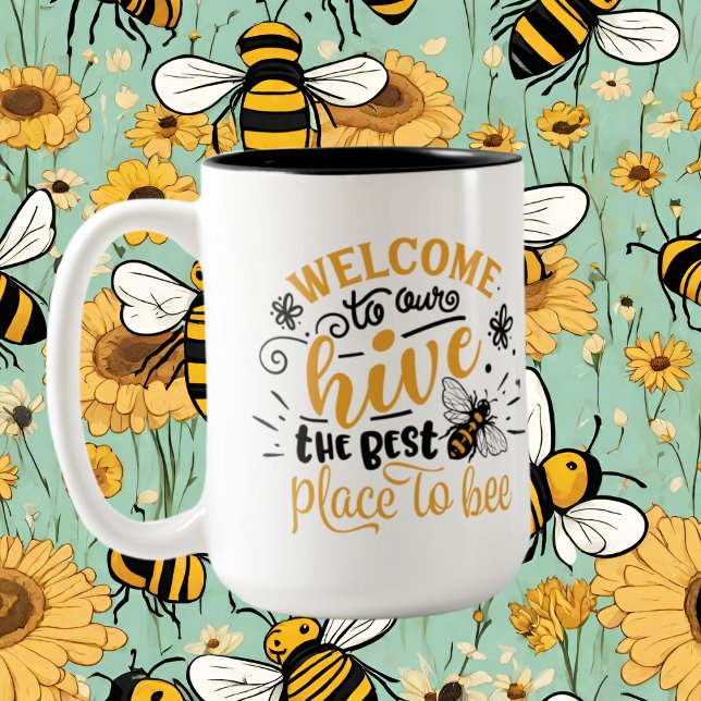 Tasse 2 Couleurs mignon ruche d'abeille bienvenue ajouter Nom de fa (Créateur téléchargé)