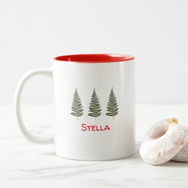 Tasse 2 Couleurs Mignonne fougère de Noël à deux tons avec nom (Avec donut)