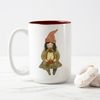 Tasse 2 Couleurs Mignonne lanterne de fille gnome à l'aquarelle Caf