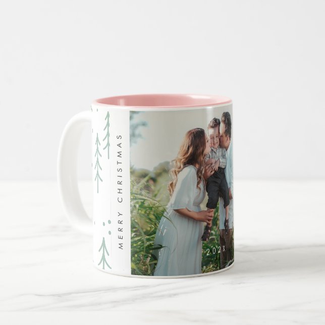 Tasse 2 Couleurs Modern Green Tree Family Photo Holiday (Devant gauche)