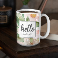 Modern Watercolor Pink Flowers & Hello & Nom