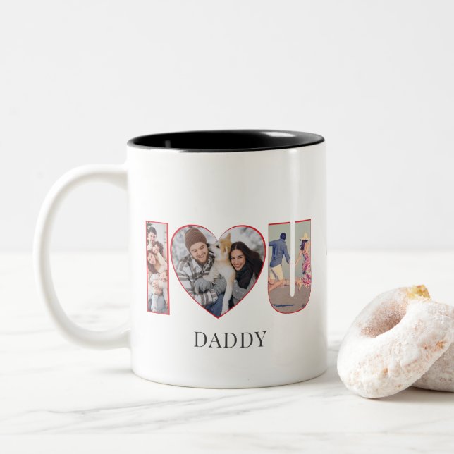 Tasse 2 Couleurs Moderne Je ♥ U Personnalisé Je T'Aime Papa Maman 4 (Avec donut)
