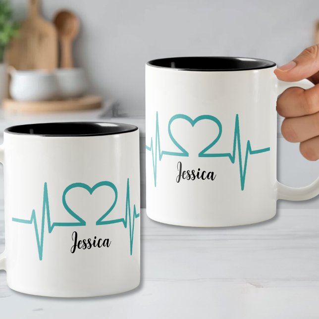 Tasse 2 Couleurs Moderne Simple Coeur Infirmière Docteur Médicale (Modern Simple Heart Beat Nurse Doctor Medical Two-Tone Coffee Mug)