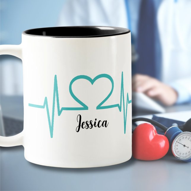 Tasse 2 Couleurs Moderne Simple Coeur Infirmière Docteur Médicale (Modern Simple Heart Beat Nurse Doctor Medical Two-Tone Coffee Mug)