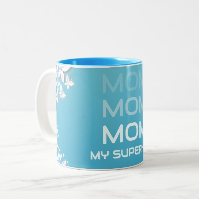 Tasse 2 Couleurs MOM Mon Superhero Bleu (Devant gauche)