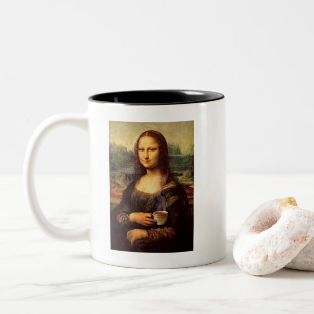 Tasse 2 Couleurs Mona Lisa tenant du thé chaud (Leonardo da Vinci) (Avec donut)
