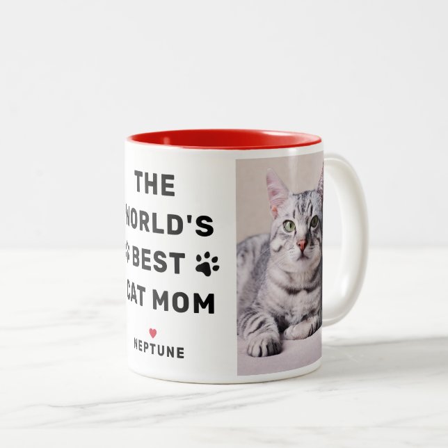 Tasse 2 Couleurs Monde Meilleur Chat Maman Rouge Deux Photo Pet Lov (Devant droit)